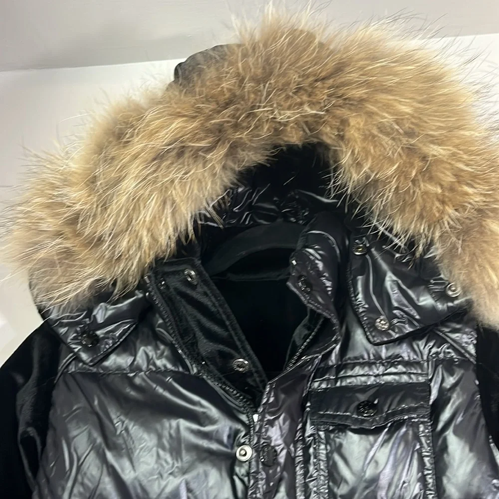 Manteau jr duck down puffer coat reversible velvet, raccoon fur hood